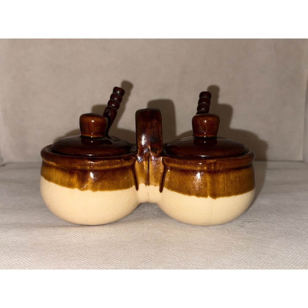 VTG Earthenware Brown & Beige  Double Condiment Container With Lids & Spoons EXC